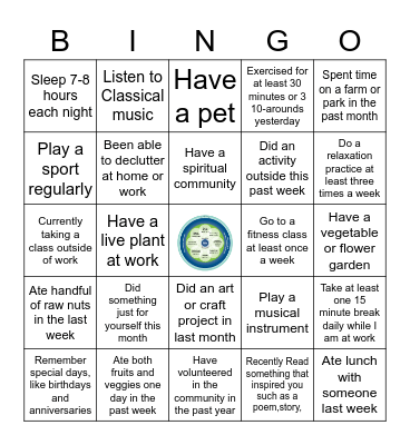 Whole Health and Self-Care Bingo Card