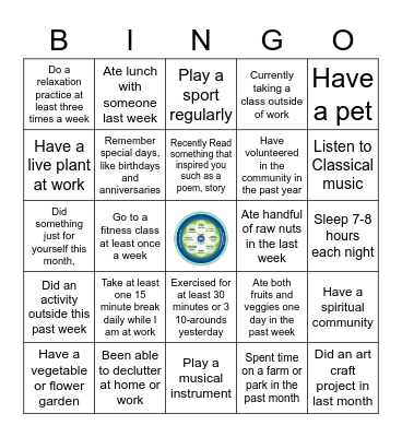 Whole Health and Self-Care BINGO Card
