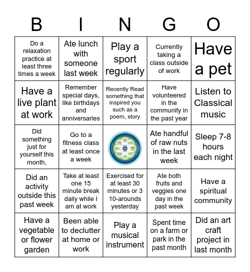 Whole Health and Self-Care BINGO Card