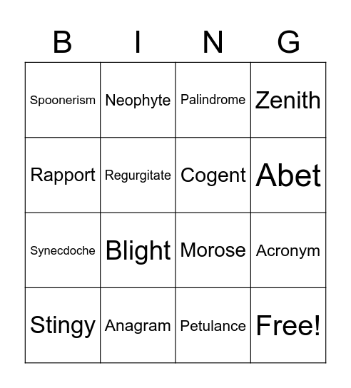 Vocabulary 7 Bingo Card