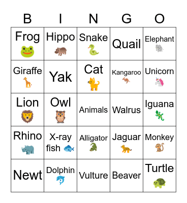 ABC Animals Bingo Card