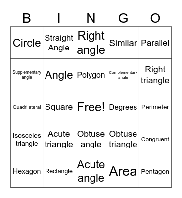 Geometry Vocabulary Bingo Card