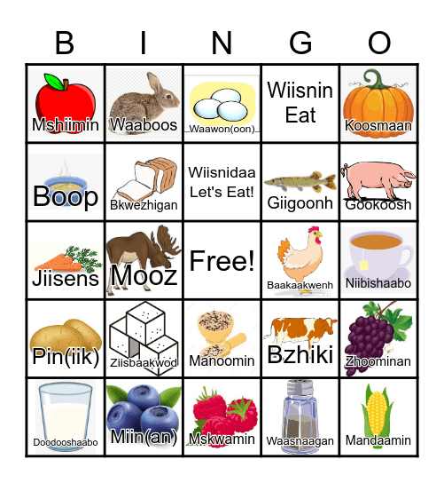 Anishinaabemowin Miijim Nbakinaageh Bingo Card