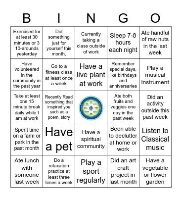 Whole Health and Self-Care BINGO Card