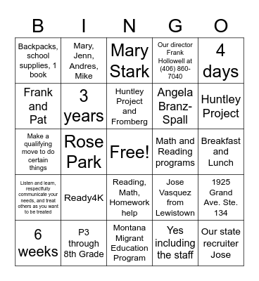 Family Night Bingo Card