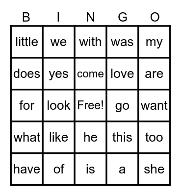 Wonder K Sight Words Bingo Card