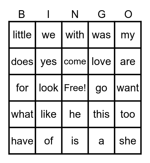 Wonder K Sight Words Bingo Card