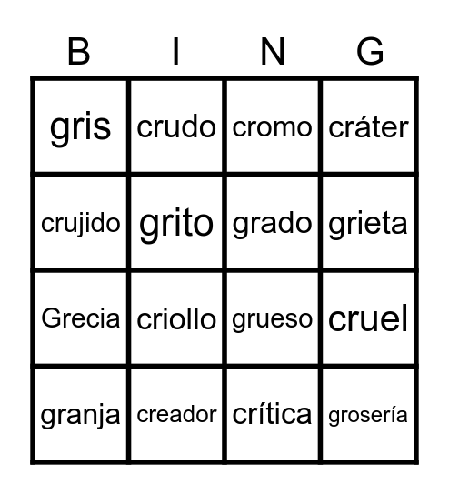 CR y GR Bingo Card