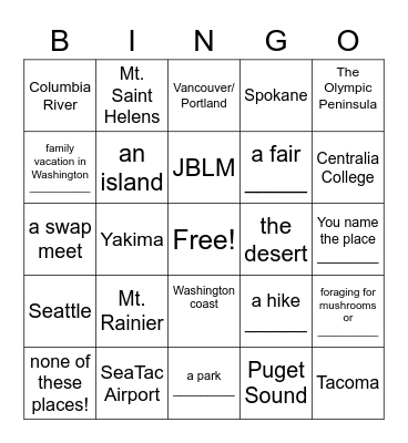 Where Have You Been In Washington State? Bingo Card