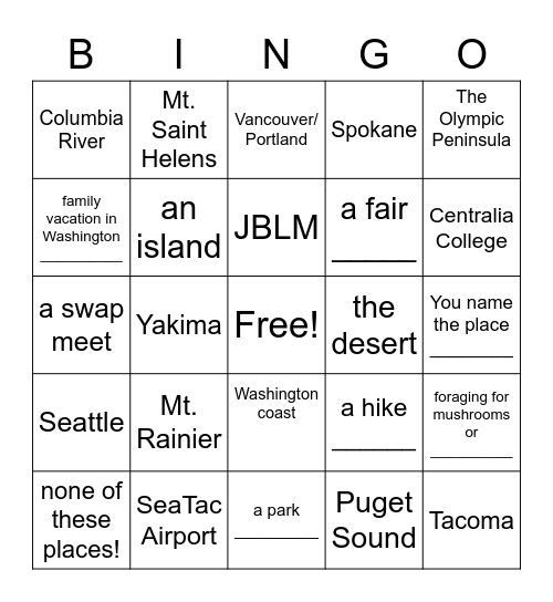 Where Have You Been In Washington State? Bingo Card