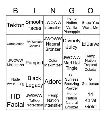 Lotion Black out Bingo Card