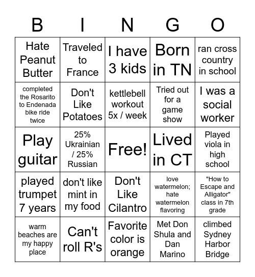 Getting to Know You Bingo Card