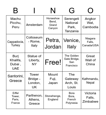 World Tourist Destinations Bingo Card