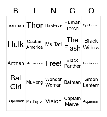 Super Hero Bingo Card
