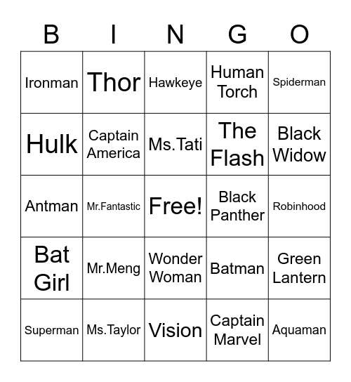 Super Hero Bingo Card