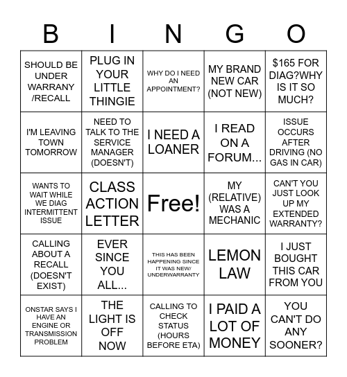 Dealer Service Advisor Bingo Card