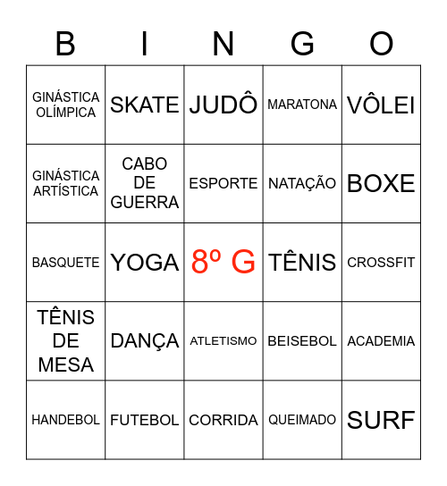 BINGO 8º ANO G Bingo Card