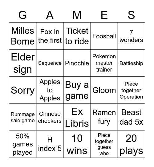 Games Bingo Card