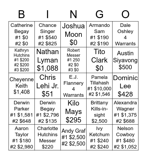 Warrant Bingo Card