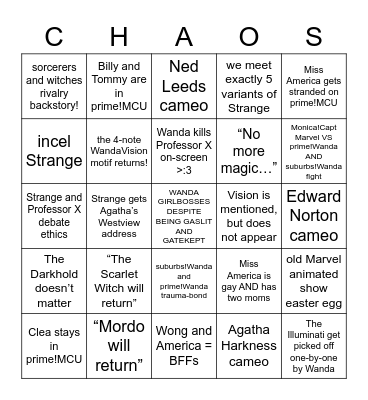 The Scarlet Witch in the Multiverse of Madness Bingo Card