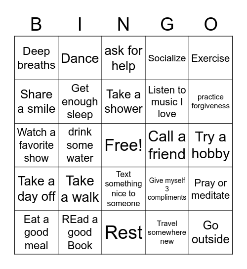 Self Care Bingo Card