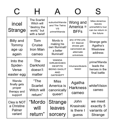 Doctor Strange in the Multiverse of Madness : Version 2 Bingo Card