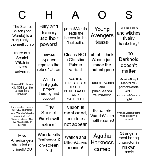 The Scarlet Witch in the Multiverse of Madness : Chaos Edition for Team Scarlet Bingo Card