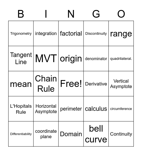 calculus bingo Card