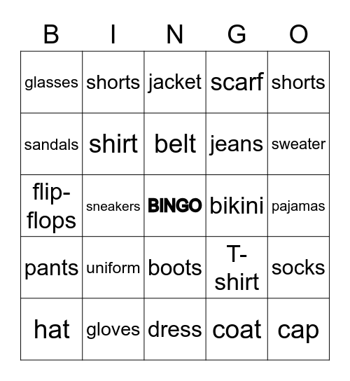 Clothes Bingo Card