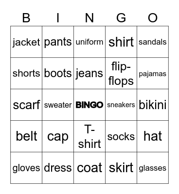 Clothes Bingo Card