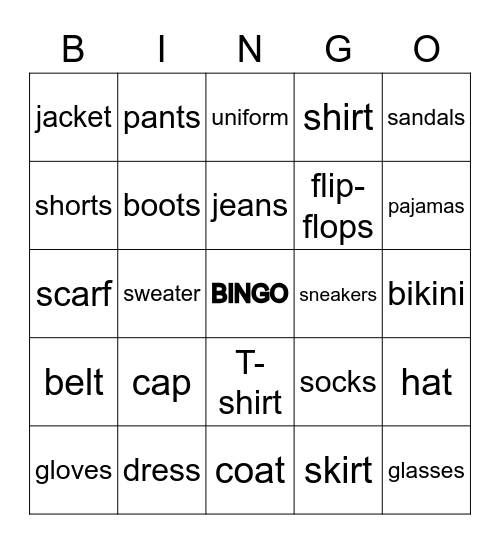 Clothes Bingo Card