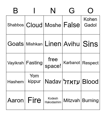 Parshat Acharei Mot Bingo Card