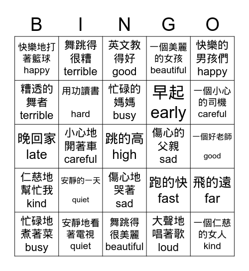 形容詞(修飾名詞) vs 副詞(修飾動詞) Bingo Card