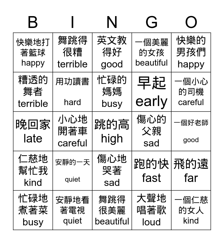 形容詞(修飾名詞) vs 副詞(修飾動詞) Bingo Card