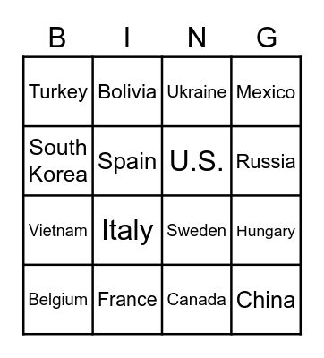 Country Bingo Card