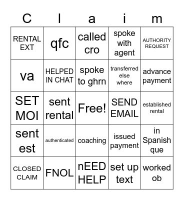 Claims Bingo Card