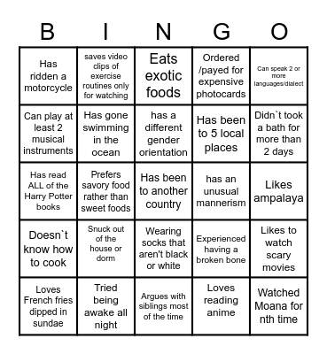 Human Scavenger Hunt Bingo Card