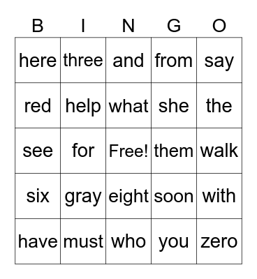 Sight Words Bingo Card