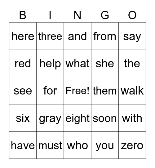 Sight Words Bingo Card