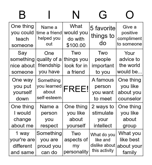 Self-Esteem Bingo Card