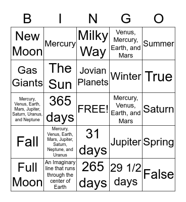 Astronomy Bingo Card