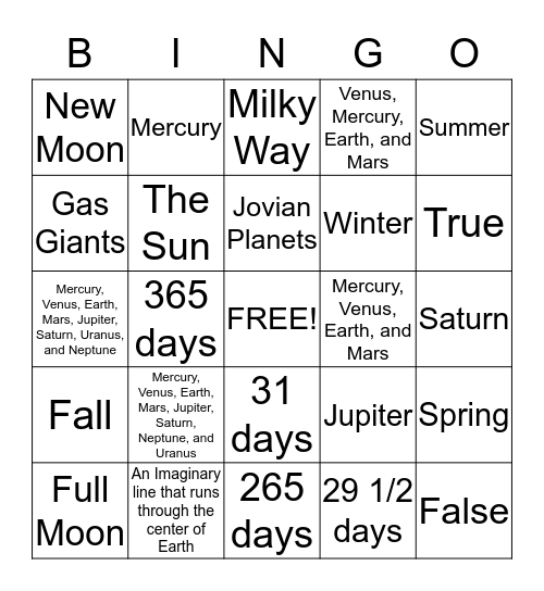 Astronomy Bingo Card