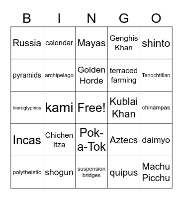Americas/Asia Bingo Card