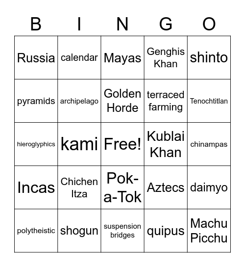 Americas/Asia Bingo Card