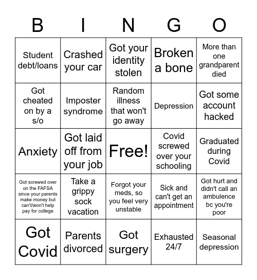 Life Sucks Bingo Card