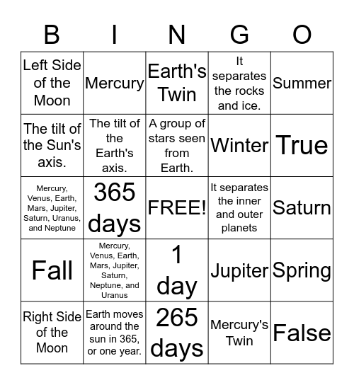 Astronomy Bingo Card