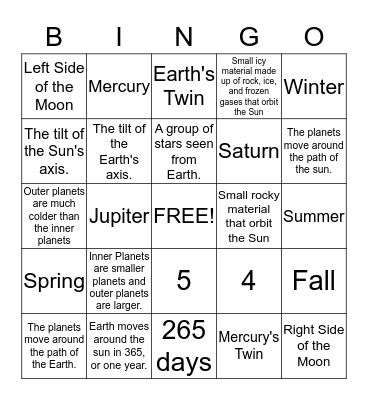 Astronomy Bingo Card