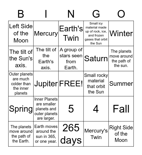 Astronomy Bingo Card