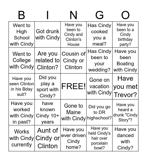 CINDY SHOWER  Bingo Card