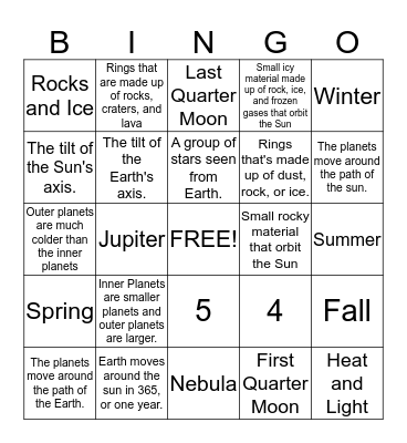 Astronomy Bingo Card